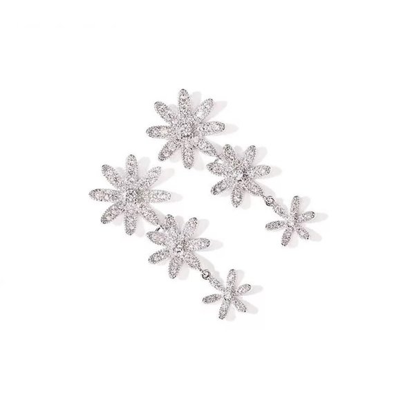 14k Gold Diamonds Triple Flower Drop Earrings Sterling Silver - Picture 2 of 7